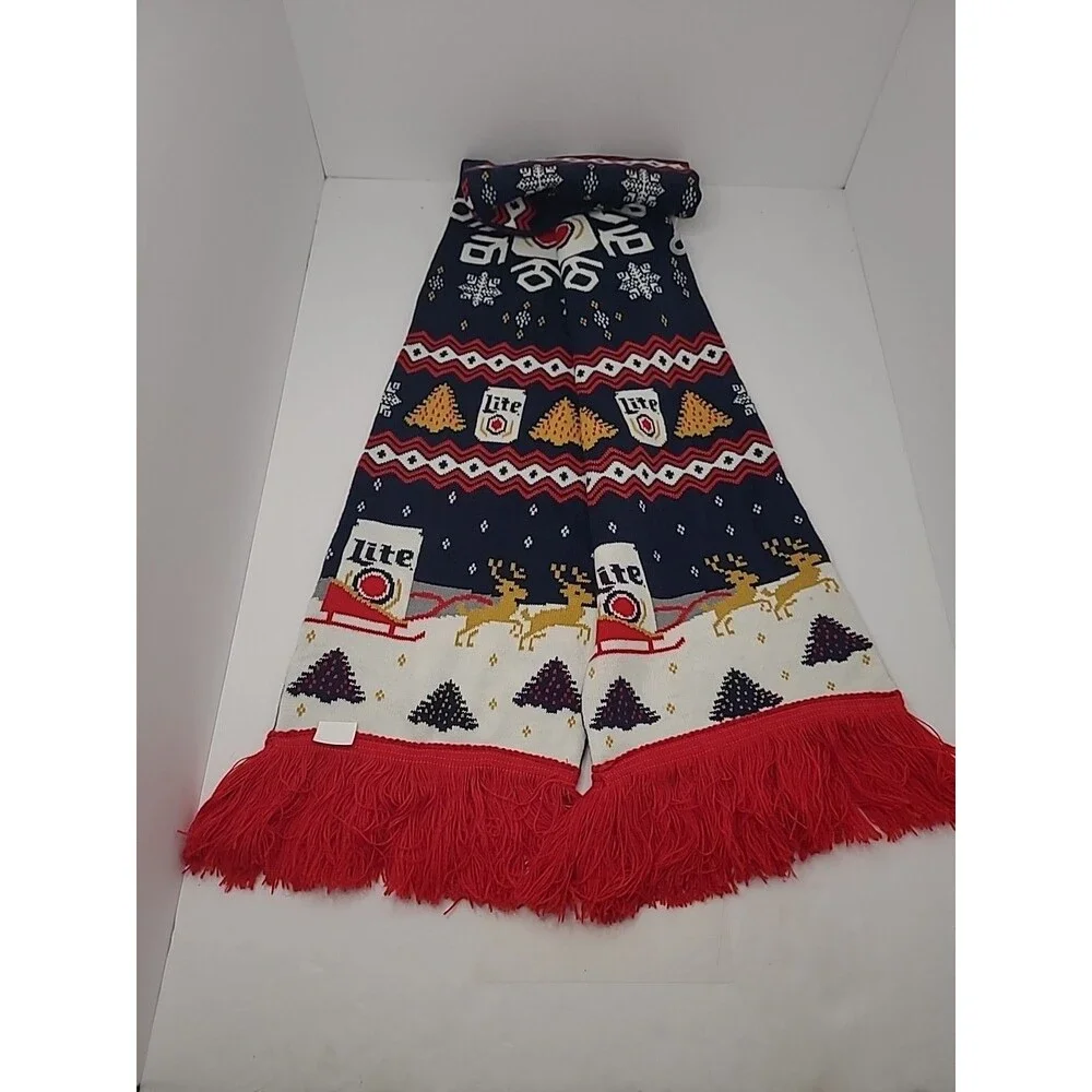Miller Lite Beer Knit Holiday Scarf Ugly Christmas Sweater Theme w/ Reindeer